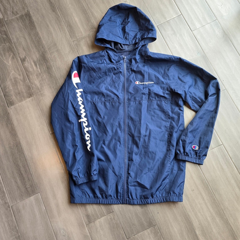 Champion Boys Navy Blue Full Zip Hooded Windbreaker Jacket Mesh Lined Large L